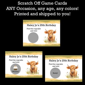 24 cartes de jeu personnalisées à gratter Vache des Highlands - Mini vache - anniversaire de tout âge - toutes les occasions - baby shower ou baby shower - imprimé et expédié