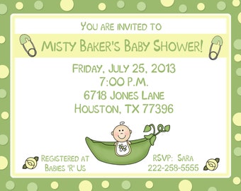 20 Personalized Baby Shower Invitations -  Sweet Pea - Yellow and Greens  -  Gender Neutral - Little Sweet Pea