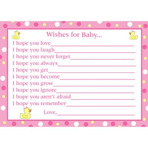 24 deseos de ducha de bebé personalizada para las tarjetas de bebé - rosa DUCKY de goma