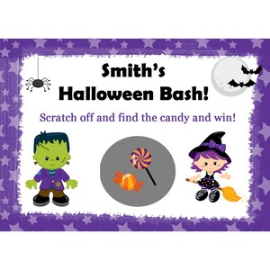 Może przedstawiać: Karta do zdrapywania o tematyce Halloween z fioletową obwódką w gwiazdki. Karta zawiera tekst "Smith's Halloween Bash!" i "Scratch off and find the candy and win!" wraz z ilustracjami Frankensteina, czarownicy i cukierków.