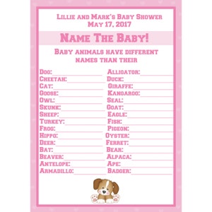 24 personalizzato Baby Shower Baby Animal Nome Carte di gioco - Rosa Puppy Baby Shower - Baby Girl Baby Shower Gioco