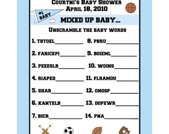 24 Personalized Word Scramble Baby Shower Game Cards  -  Sports Theme