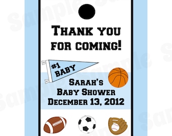 24 Personalized Baby Shower Favor Tags  - Sports Theme - Football Soccer Basketball Baseball