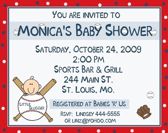 20 Personalized Baby Shower Invitations - Baseball Little Slugger
