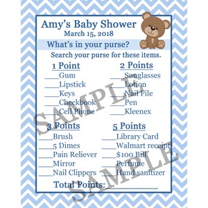 Douche de bébé 24 cartes de jeu Whats dans votre sac à main jeu - Shower de bébé ours en peluche - ours en peluche en bleu - sac à main jeu