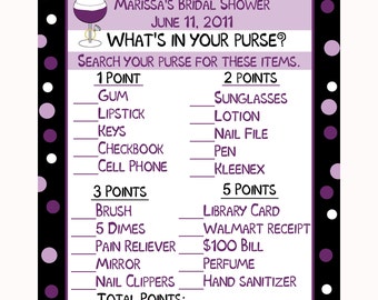 24 Bridal Shower Game Cards -  Whats In Your Purse Game - Wine and Ring - PURPLES