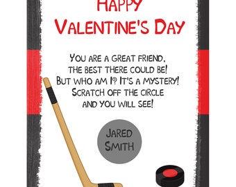 Personalized Scratch Off Valentine's Day Cards for Kids -PRINTED and shipped - You Pick the Quantity - Hockey Design - School Valentines