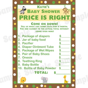 24 Baby Shower personalizado El precio es correcto Tarjetas de juego - Animales de zoológico - Colores neutros - Verde - Amarillo