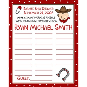24 carte da gioco personalizzate per il nome del bambino del baby shower - Tema Little Cowboy