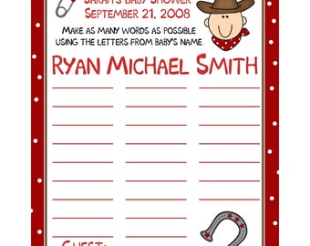 24 Personalized Baby Shower Baby Name Game Cards - Little Cowboy Theme