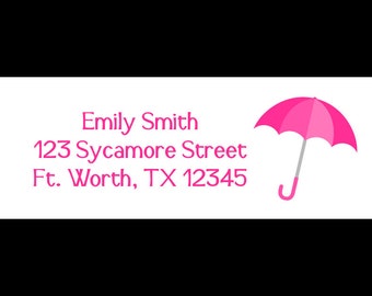 30 Personalized Return Address Labels   - PRNTED and shipped to you - Pink Umbrella Labels - Umbrella Address Labels - Shower Labels