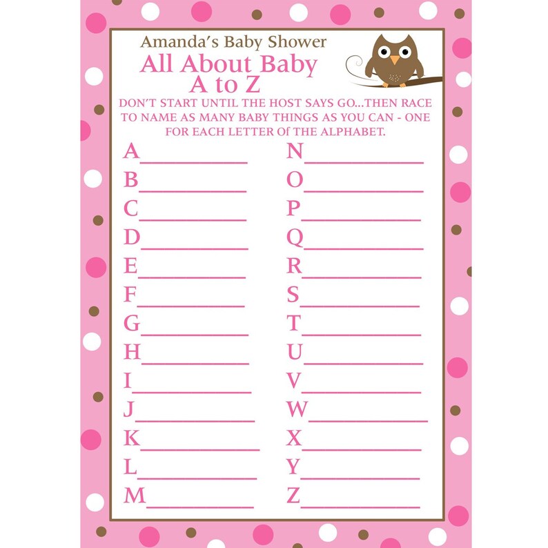 24 Personalized Baby Shower A To Z Game Cards BABY OWL Design Etsy