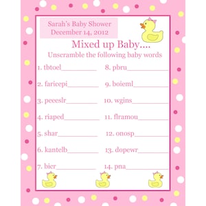 24 Personalizado Word Scramble bebé ducha tarjetas de juego rosa a patito de goma