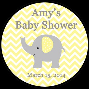 12 Autocollants personnalisés de douche de bébé ronds 2.5 » pouce taille ELEPHANT Conception en jaune