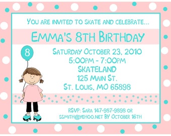 20 Personalized Roller Skating Birthday Party Invitations   GIRL