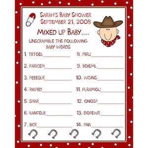 24 personalizzati Baby doccia Word Scramble gioco carte - piccolo Cowboy tema
