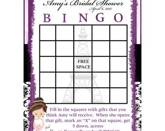 24 Personalized Bridal Shower Bingo Cards    Paris Design in PURPLE - Paris Bridal Shower Bingo - Paris Wedding - Parisian Shower