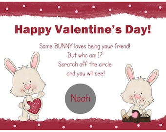 Personalized Scratch Off Valentine's Day Cards for Kids -PRINTED and shipped - You Pick Quantity - Bunny Design - School Valentines