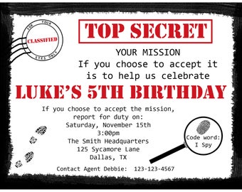 Personalized Digital / Printable File for Birthday Invitaton  - TOP SECRET Design