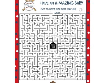 24 Personalized  Baby Shower Game Cards  - Maze Game Cards -  Little Slugger Baseball Baby Shower