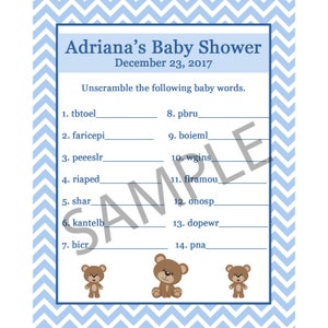 24 personalizzato Baby Shower Word Scramble gioco carte - blu orsacchiotto - Baby doccia gioco - Word Scramble-Teddy Bear Party