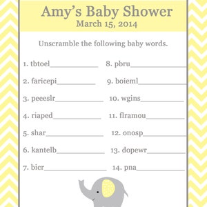 24 carte da gioco personalizzate Baby Shower Word Scramble ELEPHANT
