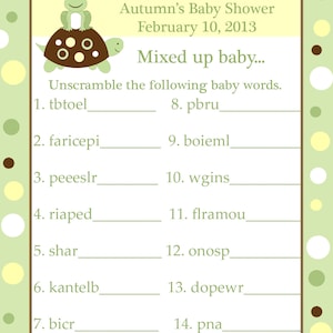 24 personnalisée Word Scramble bébé douche cartes de jeu - tortue et la grenouille - jaune et vert