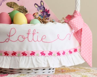 Hand Embroidered Bunny Ribbon Easter Basket Liner with Ruffle and Bows - Made to Fit Pottery Barn Kids Sabrina Basket