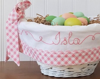 Hand Embroidered Gingham Easter Basket Liner with Bows - Made to fit Pottery Barn Kids Sabrina basket