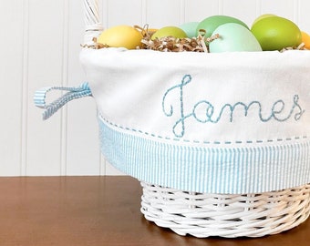 Blue Seersucker Easter Basket Liner, Fits Pottery Barn Kids Easter Basket, Personalized with Name