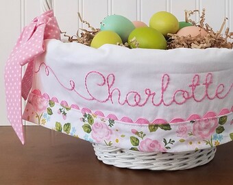 Easter Basket Liner, White Floral Easter Basket Liner Personalized with Name, Baby Girl Easter