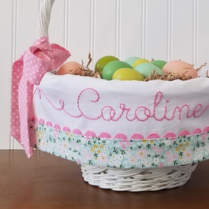 Baby Easter Basket Liner Personalized with Name, White Floral Easter Basket Liner for Girl, Hand Embroidered Name image 1