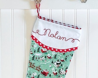 Santa and Reindeer Quilted Christmas Stocking Personalized with Hand Embroidery Name - Mint