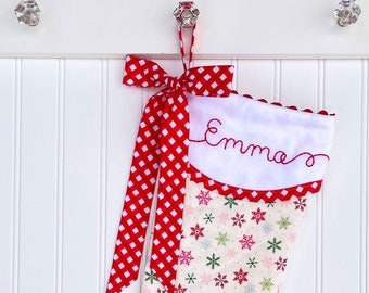 Personalized Baby Girl Christmas Stocking with Snowflakes in Cream