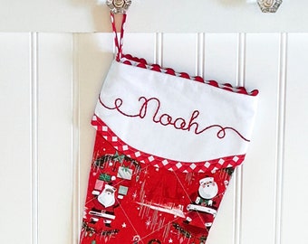 Quilted Christmas Stocking with Retro Santa in Red - Personalize with Hand Embroidered Name