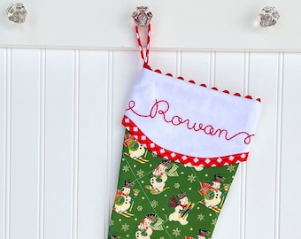 Vintage Inspired Snowman Christmas Stocking in Green - Hand Embroidered Name