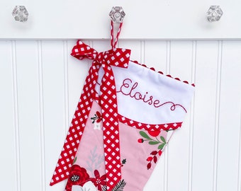 Modern Christmas Floral Stocking in Pink - Quilted - Personalized with Name