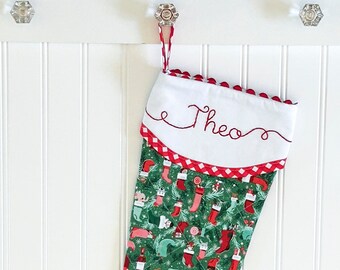 Personalized Christmas Stocking in Green with Red Gingham Trim - Add Name