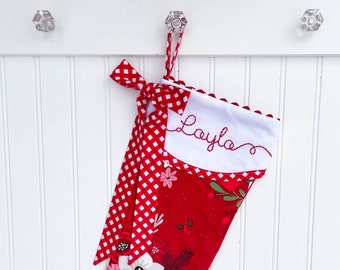 Modern Red Floral Personalized Christmas Stocking