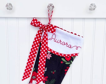 Elegant Black Floral Personalized Christmas Stocking