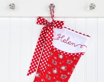 Cottage Floral Poinsettia Christmas Stocking - Available in Pink, Red and Aqua