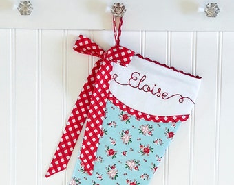 Pretty Floral Christmas Poinsettia Stocking in Aqua - Heirloom Quality with Embroidered Name