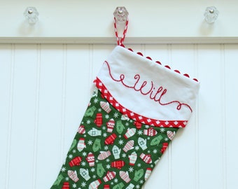 Quilted Christmas Stocking, Custom Stocking, Stocking with Name, Green Stocking. Mittens Stocking