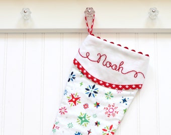 Modern White Christmas Stocking with Snowflakes - Personalized with Hand Embroidery