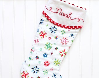 Modern White Christmas Stocking with Snowflakes - Personalized with Hand Embroidery