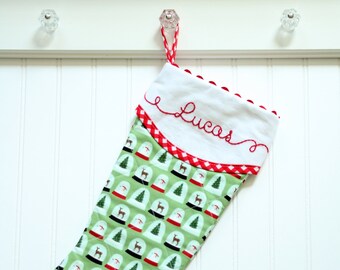 Snowglobe Quilted Stocking, Personalized Snowglobe Stocking, Woodland Christmas Stocking