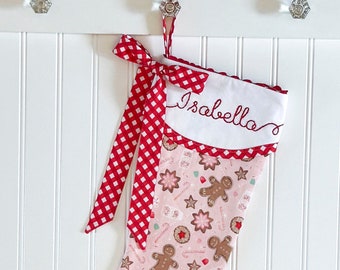 Pink Gingerbread Christmas Stocking Personalized with Hand Embroidery - Perfect for Baby Girl First Christmas