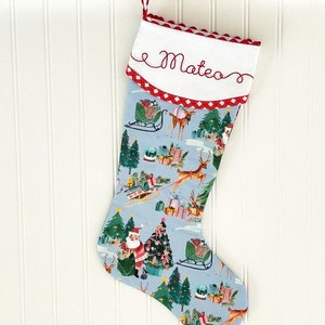 Blue Santa Stocking Personalized Quilted Christmas Stocking with Hand Embroidered Cuff