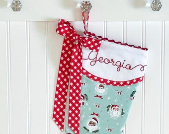 Retro Jolly Santa Christmas Stocking Personalized with Hand Embroidery - Quilted and Lined - Red Gingham Trim