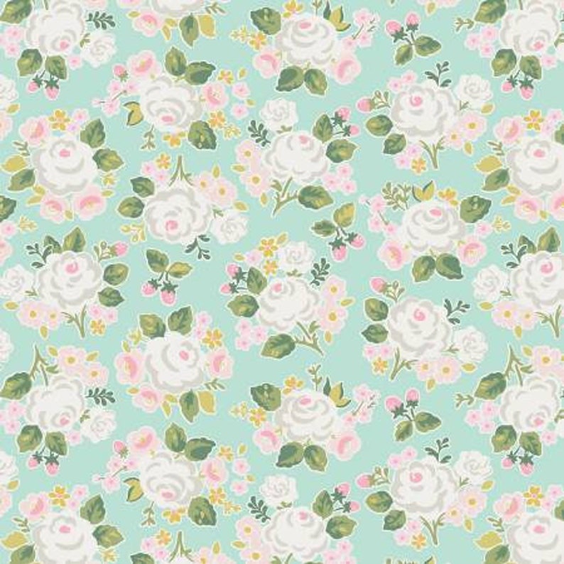 May include: A seamless pattern featuring white roses with pink accents on a light blue background. The roses are surrounded by green leaves and small pink and yellow flowers.